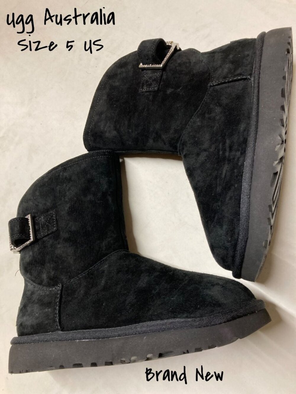 UGG Remora Buckle Crystal Bling Black Suede Fur Short Boots Size 5 US Women New